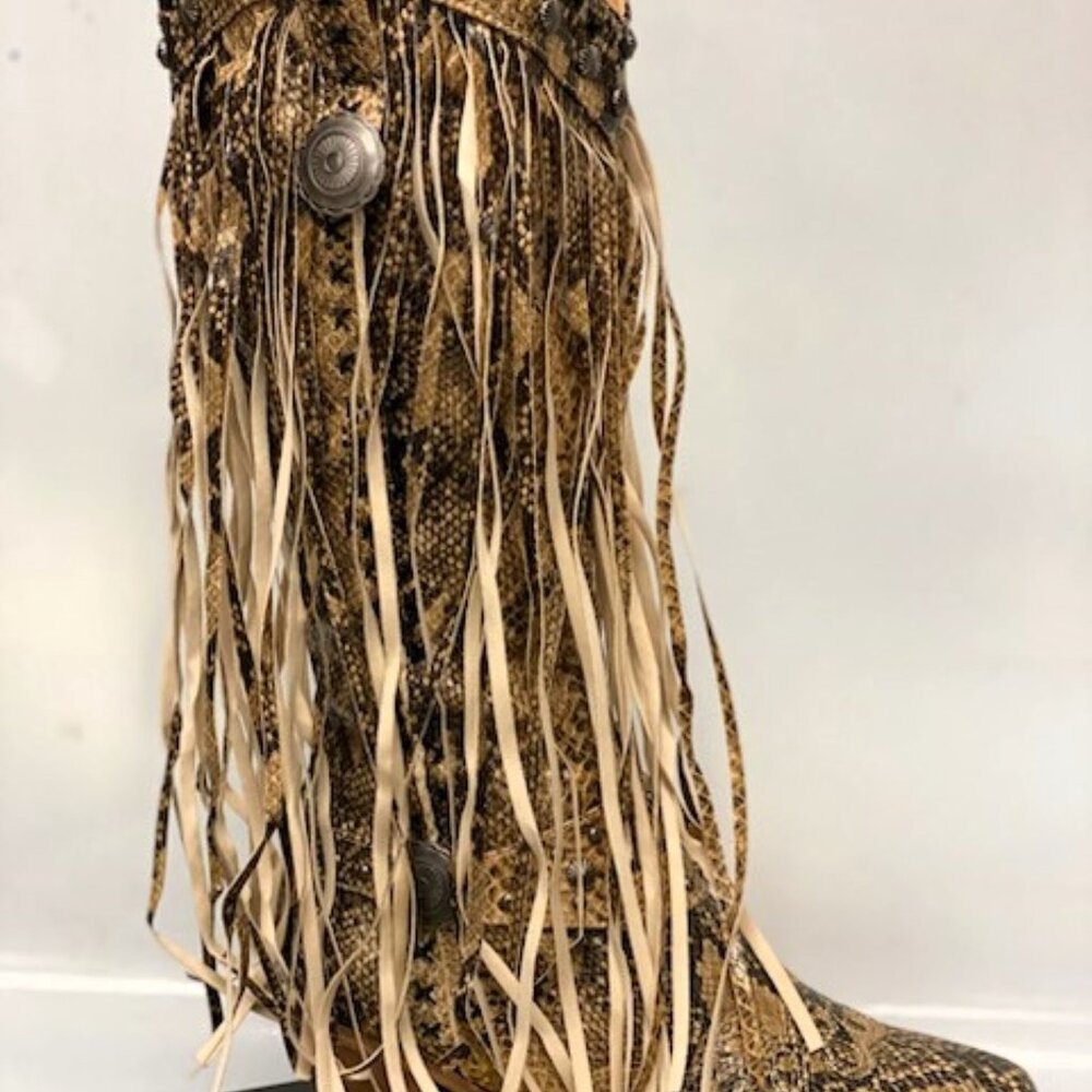 Brown Snake Fringed Cowboy Boots by L&B - Picture 2 of 6